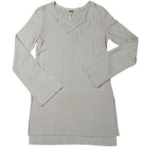 Free People Womens M‎ Ivory Tunic Sweater Criss-Cross V Neck Hi Low Knit Ribbed